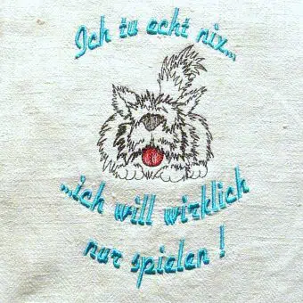 Stickdatei Kritzelhund mit Schrift 1318